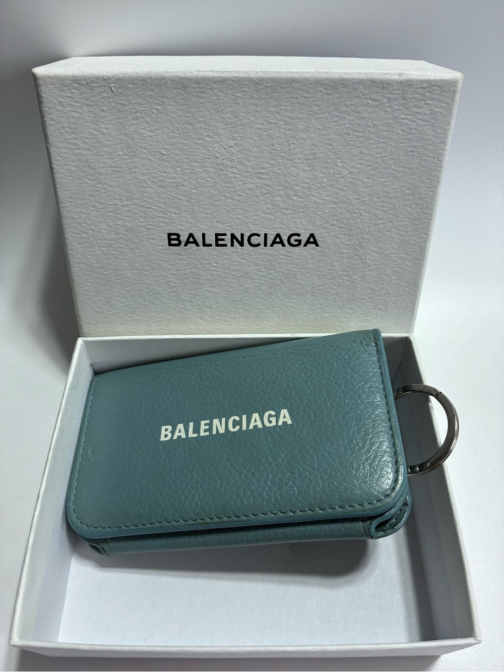 Balenciaga Teal Leather Key Ring Card Wallet